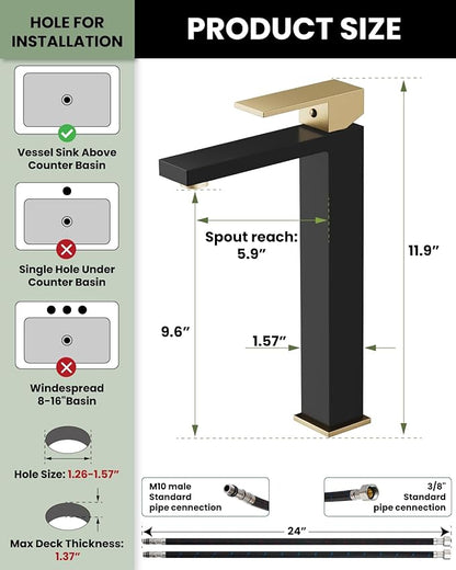 gotonovo Vessel Sink Faucet Single Handle Tall Bathroom Faucet One Hole Modern Lavatory Vanity Basin Mixer Tap Matching Supply Hoses and Pop up Drain Without Overflow, Matte Black&Brushed Gold