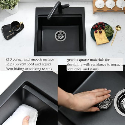 15x15 Black Drop In Bar Sink Workstation -Bokaiya 15 Inch Quartz Outdoor Rv Wet Bar Sink Single Bowl Small Drop In Kitchen Sinks with Cutting Board