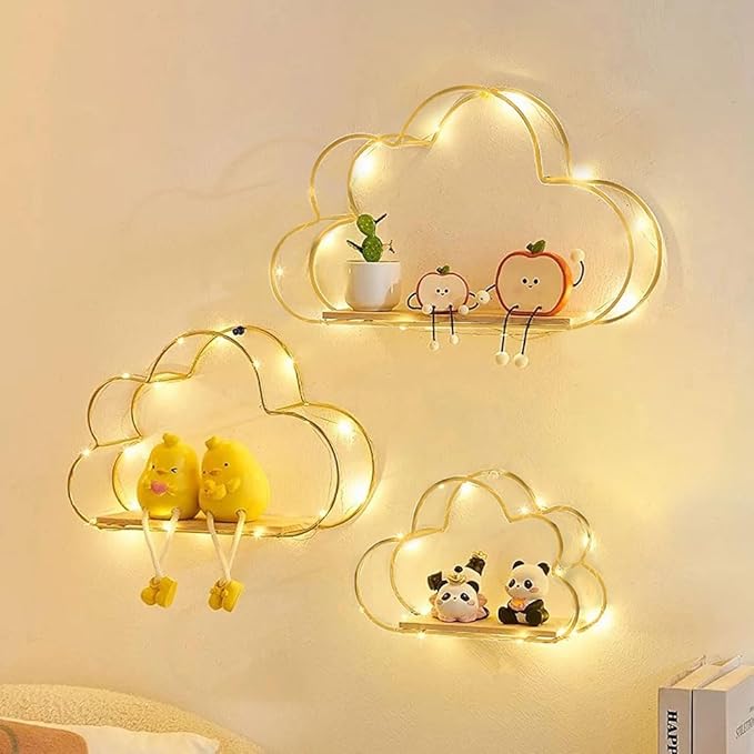 Floating Cloud Shelves for Wall 3 Pack, Mini Cute Floating Shelves with LED Lights for Kids Room Decor, Hanging Display Wall Shelf for Bedroom Kitchen Living Room Decor