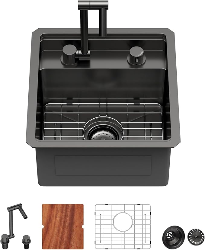 16 Inch Outdoor Undermount Bar Sink With Faucet and Cover - Beslend 16x17x9 Undermount Kitchen Sink Workstation 16 Gauge Stainless Steel Single Bowl Sinks Under Counter Indoor Outdoor Black