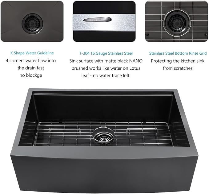 30 Black Farmhouse Sink - Lordear 30 inch Farm Kitchen Sink Workstation Apron Front 16-Gauge Gunmetal Black Stainless Steel Single Bowl Deep Kitchen Farmer Sinks, 9" Apron Height
