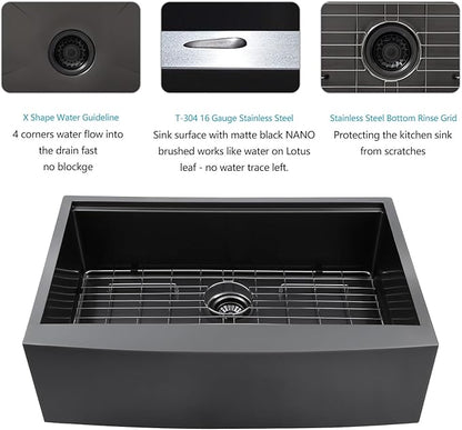30 Black Farmhouse Sink - Lordear 30 inch Farm Kitchen Sink Workstation Apron Front 16-Gauge Gunmetal Black Stainless Steel Single Bowl Deep Kitchen Farmer Sinks, 9" Apron Height