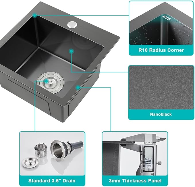 18x18 Inch Drop in Kitchen Sink, TSIBOMU 18 Inch 304 Stainless Steel Handmade Kitchen Sink,Single Faucet Hole Single Bowl Topmount Kitchen Bar Sink,Black