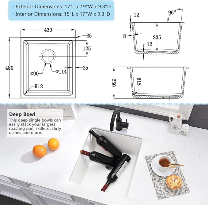 White Undermount Bar Sink-VASOYO 17x19 Small Kitchen Sinks Undermount Rv Sink White Quartz Composite Wet Bar Prep Outdoor Kitchen Sinks Deep Single Basin with Accessories