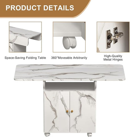 Folding Dining Table for 4-6 with Storage Rack and Cabinet, White Marble Color Kitchen Island, Versatile Space-Saving Table
