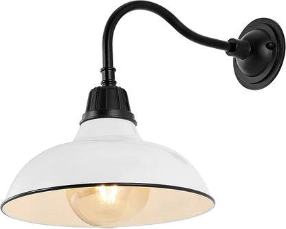 JONATHAN Y 12.25" White/Black Farmhouse Industrial Outdoor Sconce, LED Gooseneck Wall Light for Porch, Metal Bowl Shade, Dimmable Vintage Exterior Fixture, LED Bulb Included JYL7613A