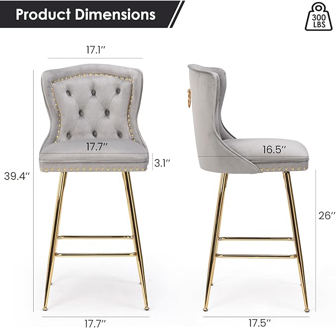 Bar Stools Set of 2, Velvet Counter Height Bar Stools with Metal Legs, Button Tufted and Nailheads Trim, Wing Back Bar Chairs for Kitchen Island Dining Room Pub, Gray