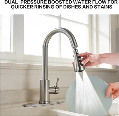 Kitchen Faucet with Pull Down Sprayer，Brushed Nickel, Kitchen Sink Faucet，High Arc Single Handle Classic Stainless Steel Sink Faucet，1 or 3 Hole,Suitable for Farmhouse Camper Laundry Rv Bar