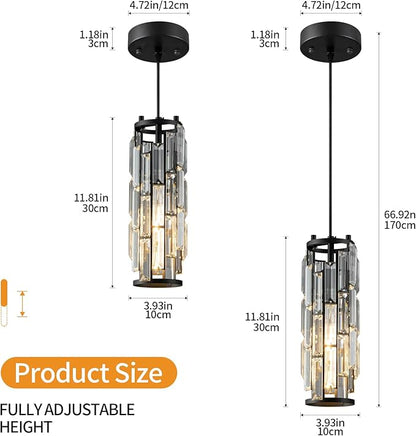 LMQNINE Modern Crystal Pendant Light for Kitchen Island, Adjustable Black Mini Pendant Lighting Fixture with K9 Crystal, E27 Base, Modern Hanging Light for Bedroom Dining Room Bar, 1-Pack