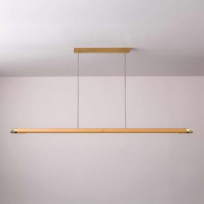 47" Wood Linear Pendant Light, Modern Wabi-Sabi Chandelier with Handcrafted Walnut & Brass, 3 Color Temperatures (3000K-6000K), Hanging Light Fixture for Dining Room, Kitchen, Bedroom