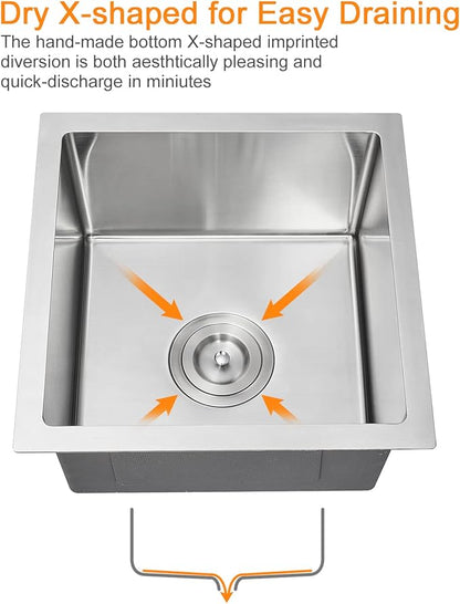 ROVATE 18 inch Kitchen Sink Undermount, Small Bar or Prep Sink, Handmade Single Bowl T-304 Stainless Steel Small Wet Bar Sinks with Strainer