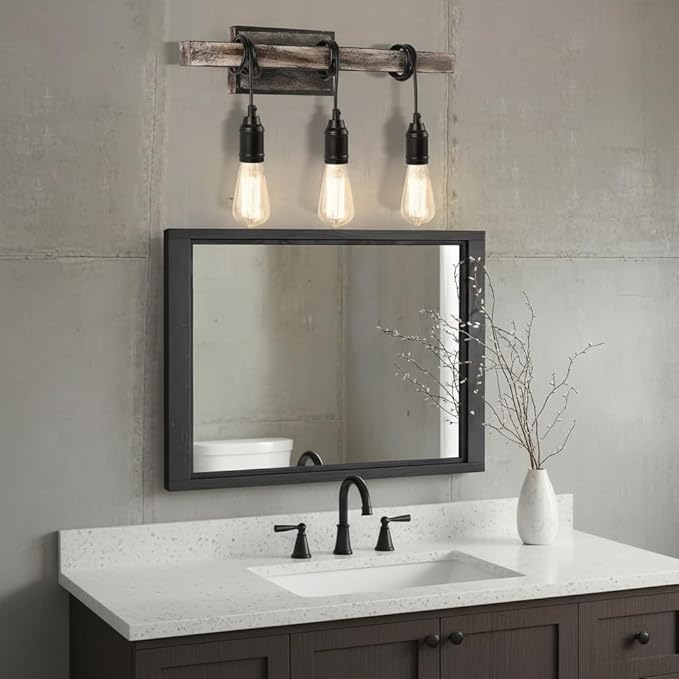 3 Lights Vintage Wall Sconce, Farmhouse Industrial Bare Bulb Wire Wrapped Wood Beam Linear Bathroom Vanity Light