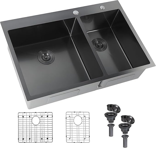 IKEBANA 33 Inch Black Double Kitchen Sink Drop In, 33x22 Inch 16 Gauge 304 Stainless Steel Topmount Kitchen sink, 60/40 Double Basin Workstation Sink With Accessories