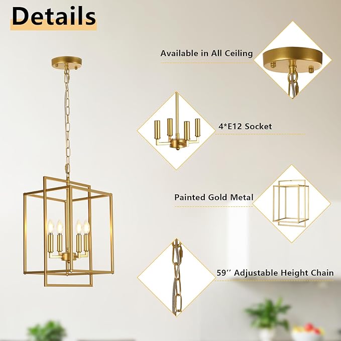 Modern Farmhouse Gold Chandelier, 4-Light Rustic Geometric Chandeliers for Dining Room, Adjustable Metal Hanging Pendant Light Fixture for Entryway Foyer Kitchen Island Hallway