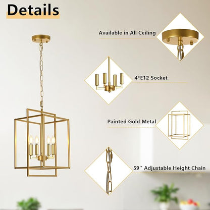 Modern Farmhouse Gold Chandelier, 4-Light Rustic Geometric Chandeliers for Dining Room, Adjustable Metal Hanging Pendant Light Fixture for Entryway Foyer Kitchen Island Hallway