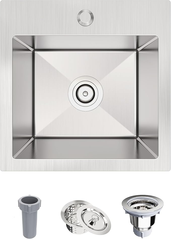 15x15x9 Inch Drop In Bar Sink, 18 Gauge T304 Stainless Steel Topmount Kitchen Sink for RV, Outdoor BBQ, Wet Bar, Laundry & Utility - Rust-Proof Single Bowl with Basket Strainer