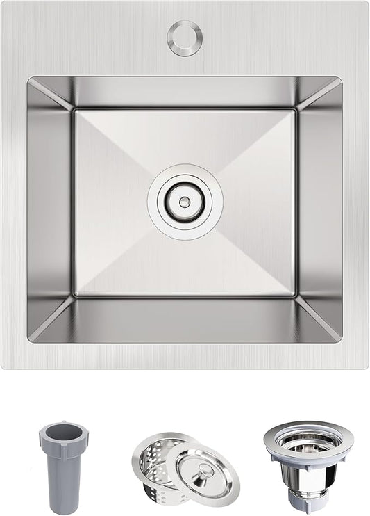 15x15x9 Inch Drop In Bar Sink, 18 Gauge T304 Stainless Steel Topmount Kitchen Sink for RV, Outdoor BBQ, Wet Bar, Laundry & Utility - Rust-Proof Single Bowl with Basket Strainer