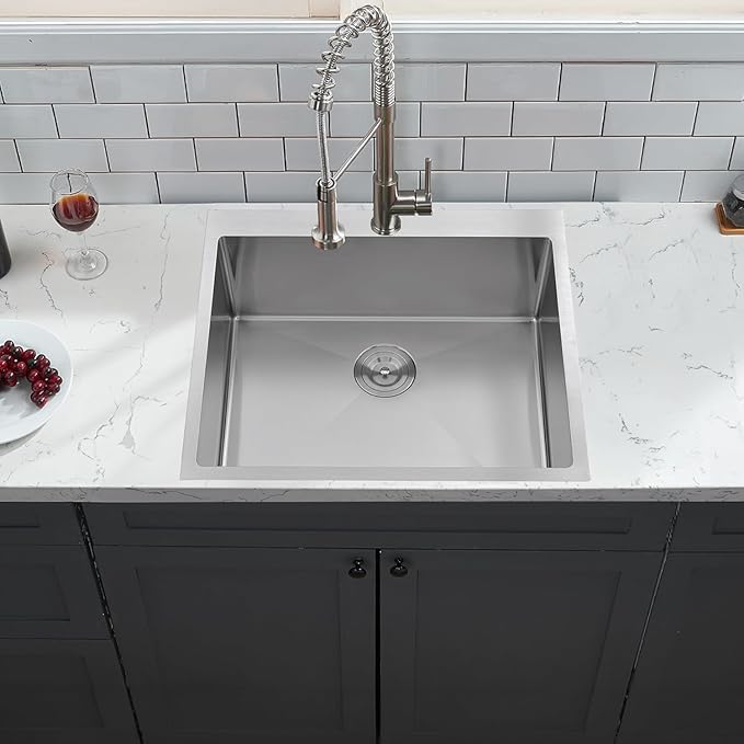 IKEBANA 25x22 Inch Brushed Nickel Kitchen Sink Drop in, 16 Gauge Stainless Steel Wet Bar Sink Topmount Single Bowl Small Kitchen Sinks, Outdoor RV Prep Sinks With Dish Grid& Drain