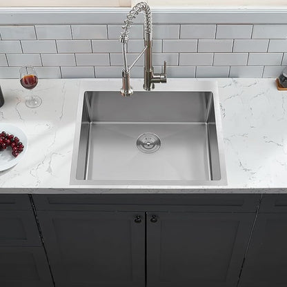IKEBANA 25x22 Inch Brushed Nickel Kitchen Sink Drop in, 16 Gauge Stainless Steel Wet Bar Sink Topmount Single Bowl Small Kitchen Sinks, Outdoor RV Prep Sinks With Dish Grid& Drain