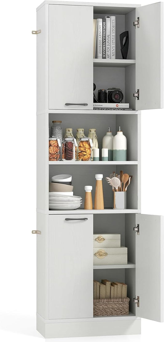 75” Kitchen Pantry Cabinet, Tall Freestanding Kitchen Hutch with 4 Doors, 2 Open Shelves & 4 Anti-Tipping Devices, Bathroom Storage Cabinet for Living Room, Dining Room (White Oak)
