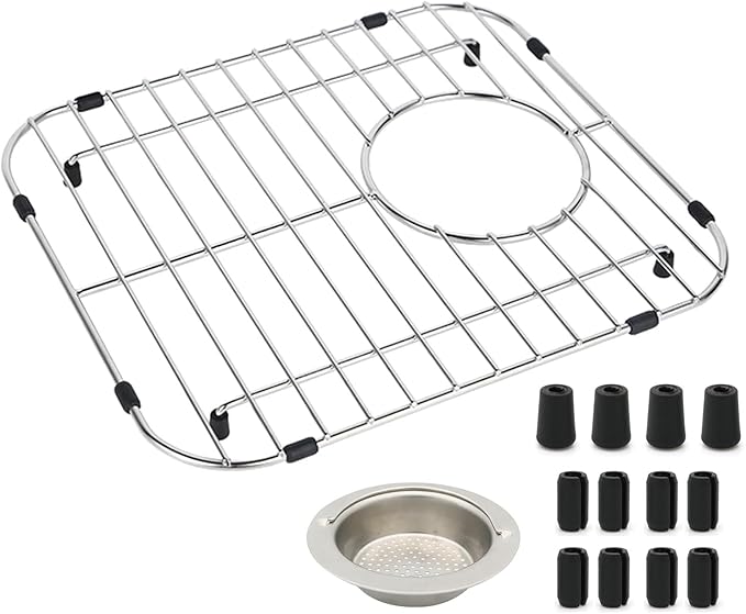 Kitchen Sink Grid 11-3/4" x 12-1/4"- Heavy Duty Kitchen Sink Protector with Built-in Strainer & Rear Drain, Non-Slip Rubber Feet & Scratch Resistant Bottom Guard
