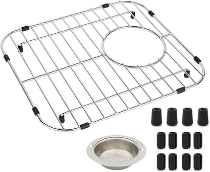 Kitchen Sink Grid 11-3/4" x 12-1/4"- Heavy Duty Kitchen Sink Protector with Built-in Strainer & Rear Drain, Non-Slip Rubber Feet & Scratch Resistant Bottom Guard