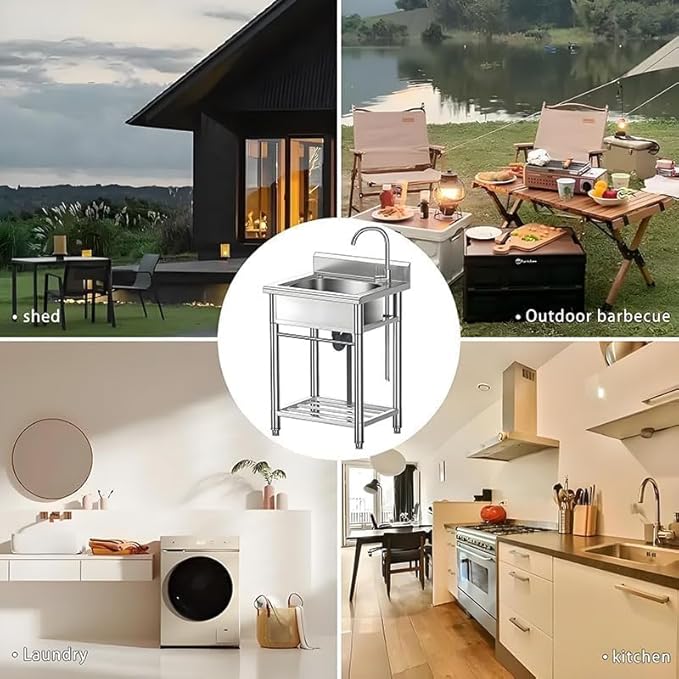 Stainless Steel Utility Sink with Faucet - Freestanding Single Bowl Sink for Commercial Kitchen, Laundry, Garage, Shop, Patio, Outdoor Prep & Wash Sink with Shelf, Fregadero Para Patio Exterior - 23In