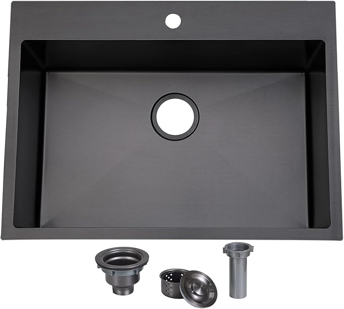 SHACO 28 Inch Black Drop In Kitchen Sink, Gunmetal Black Stainless Steel Top Mount RV Laundry Utility 9 Inch Deep Single Bowl Basin Wet Bar Prep Sink