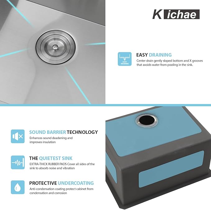 Kichae 12" Deep Laundry Sink Undermount - 24 Inch Undermount Utility Sink Stainless Steel Single Bowl Under Counter Handmade Laundry Utility Room Basin