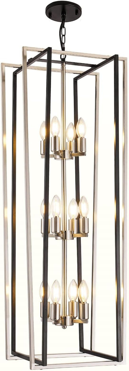 WJShome 12-Light Modern Chandelier, Large Chandeliers for High Ceilings, Farmhouse Foyer Lighting Fixtures, 3 Tier Lantern Pendant Light, Industrial Chandelier for Entryway Staircase, Black & Silver
