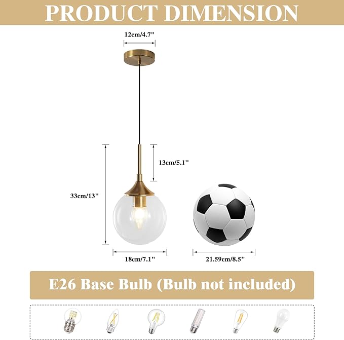 KCO Lighting Clear Globe Pendant Lights Kitchen Island Bubble Glass Pendant Lighting Gold Hanging Light Fixture Mid Century Modern Hanging Lamp for Living Room Dining Room