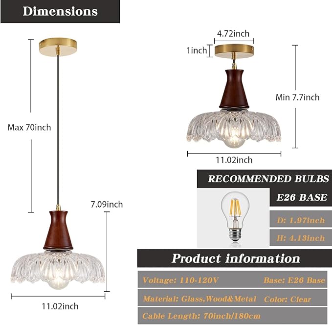 YLONG-ZS Vintage Small Glass Pendant Light Fixtures for Kitchen Island 8" Farmhouse Brass Gold Adjustable Hanging Ceiling Light for Bedroom Coffee Shop Dining Room Sink Table