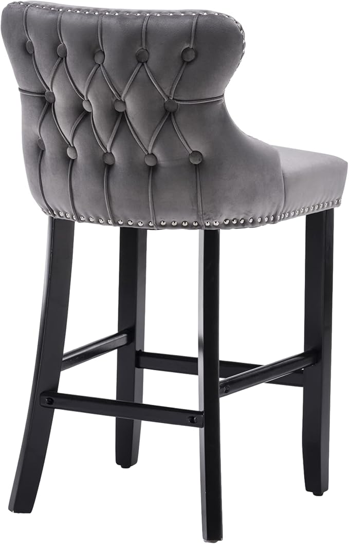 Rhomtree Elegant Button Tufted Upholstered Fabric Bar Stools with Nailhead Trim, Dining Side Chair, Leisure Padded Chairs with Solid Wooden Legs Home Kitchen Island Wooden Bar Chairs (Grey, Set of 2)