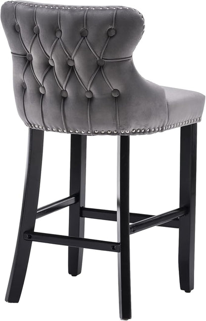 Rhomtree Elegant Button Tufted Upholstered Fabric Bar Stools with Nailhead Trim, Dining Side Chair, Leisure Padded Chairs with Solid Wooden Legs Home Kitchen Island Wooden Bar Chairs (Grey, Set of 2)
