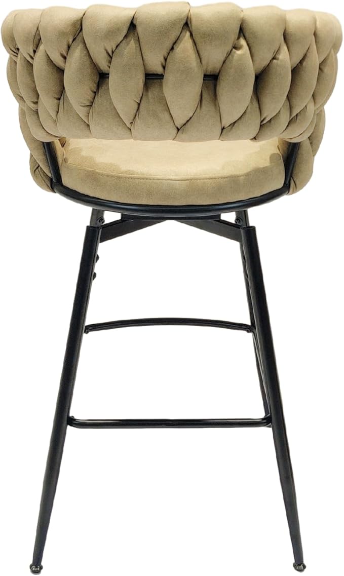 28" Technical Leather Woven Bar Stool Set of 2,Black Legs Bar stools No Adjustable Kitchen Island Chairs,360 Swivel Bar Stools Upholstered Counter Stool Arm Chairs with Back Footrest (Light Brown)