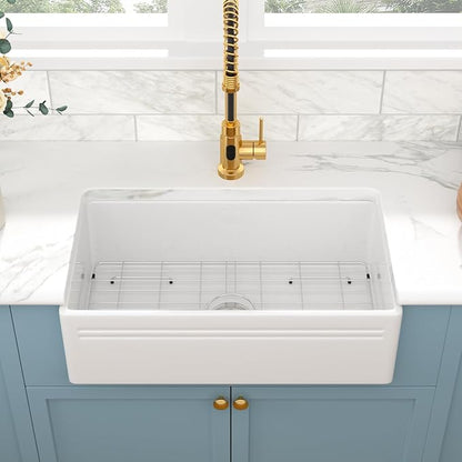 Sarlai 30 Farmhouse Sink White - 30 x 18 Inch Kitchen Sink Apron Front Reversible White Ceramic Porcelain Fireclay Single Bowl Farm Sinks Basin