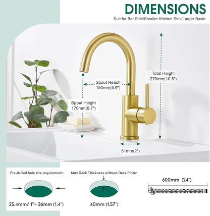 CREA Bar Sink Faucet Single Hole,Brushed Gold Faucets for Large Bathroom Basin/Small Kitchen Sink,Stainless Steel with Deck Plate,Prep Wet Bar Lavatory Vanity Outdoor