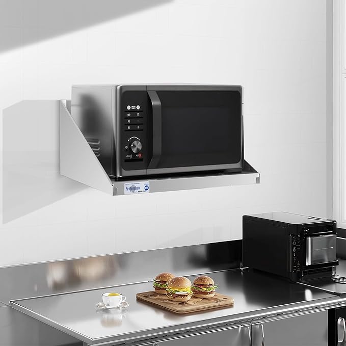 Profeeshaw Stainless Steel Microwave Shelf 24"x24", Heavy Duty Wall Mounted Floating Shelf, NSF Certified Appliance Rack for Commercial & Home Kitchens, Restaurants, Hotels, Bars