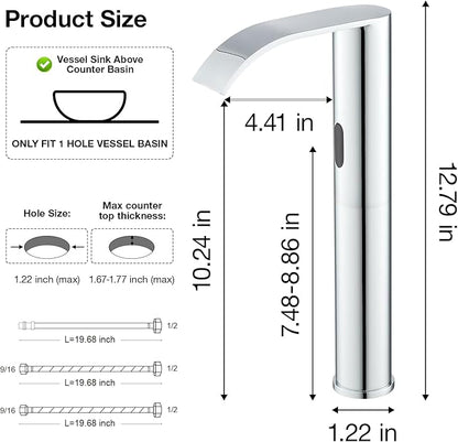 Charmingwater Touchless Bathroom Sink Faucet, Waterfall Vessel Bathroom Faucet with Automatic Sensor, Hands Free Sink Faucet, Tall Modern Lavatory Vanity Mixer Tap, Chrome