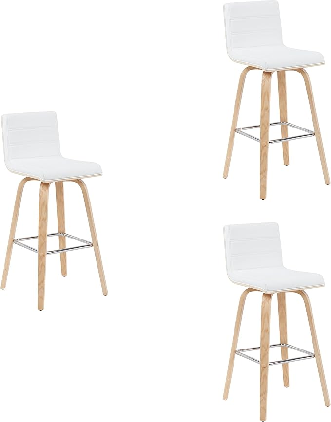 Vienna Modern Swivel Bar Height Stool with White Faux Leather Seat and Patterned Oak Wood Frame Set of 2
