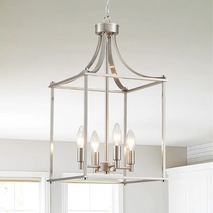 XINGQI Farmhouse Brushed Nickel Chandeliers for Dining Room, Geometric 4 Light Hanging Lantern Pendant Light Fixture for Staircase Foyer Kitchen Island Dinning Room Living Room