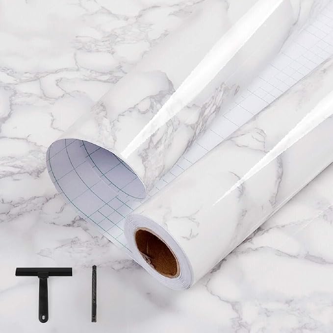 practicalWs White/Gray Marble Contact Paper 17.7 inch x 78.7 inch, Marble Peel and Stick Wallpaper with Tools, Self Adhesive Vinyl Film Contact Paper for Countertops