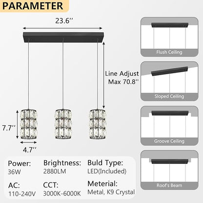 3-Lights Rectangle Modern Crystal Pendant Lights for Kitchen Island LED Dimmable Glam Pendant Lighting Chandelier for Dining Room Hallway Corner Lamp Black