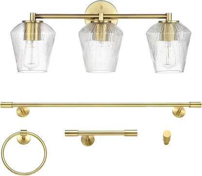 GLOBE Electric 63000063 5-Piece All-in-One Bathroom Set, Matte Brass Finish, 3-Light Vanity Light, Glass Shades, Towel Bar, Toilet Paper Holder, Towel Ring, Robe Hook, Bathroom Lights Over Mirror