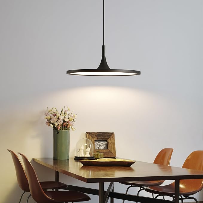 JAYMP Dining Room Modern Pendant Lighting Dimmable LED Disk Light Adjustable Height Kitchen Island Hanging Light Fixture (Black, Dia 19.7 inch)