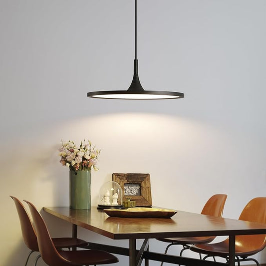 JAYMP Dining Room Modern Pendant Lighting Dimmable LED Disk Light Adjustable Height Kitchen Island Hanging Light Fixture (Black, Dia 19.7 inch)