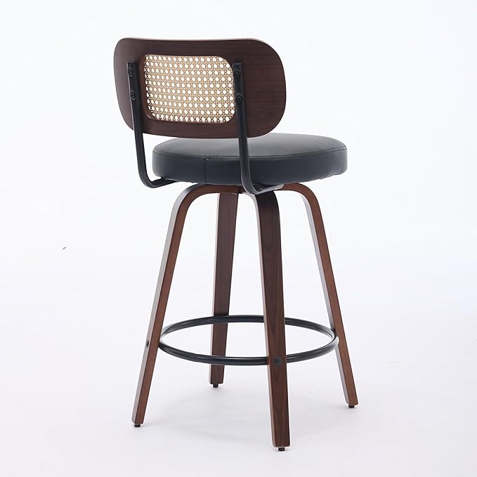 Gecheer Set of 3 Swivel Bar Stools 26 in, Rattan Back & Upholstered Seat, Walnut/Black for Kitchen Island or Counter Multiple Family Members can use it for Daily Dining, Resting YHS-W1143P300159
