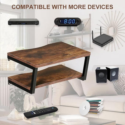 LUCKUP 2 Tier Floating AV Shelves Wall Mounted Projector Shelf Wooden Media Stand with Cable Relief Notch, Entertainment Center Metal Steel Frame