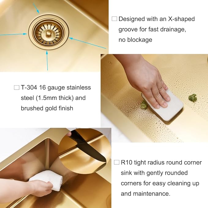 Stainless Steel Gold Kitchen Sink, 25x22 Drop in Kitchen Sink Single Bowl Outdoor Brushed Gold Topmount 16 Gauge Utility RV 10 Inch Deep Basin