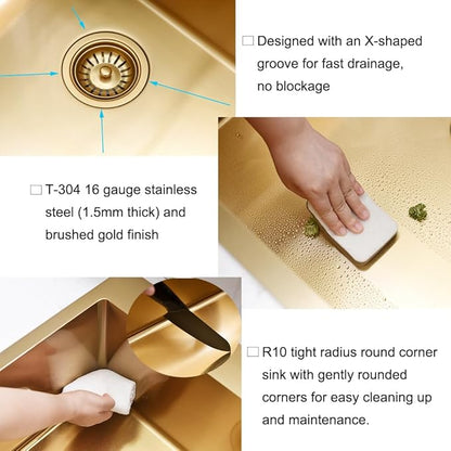 Stainless Steel Gold Kitchen Sink, 25x22 Drop in Kitchen Sink Single Bowl Outdoor Brushed Gold Topmount 16 Gauge Utility RV 10 Inch Deep Basin